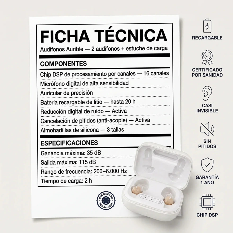Audífonos Aurible® — Con chip DSP de procesamiento y certificación CE