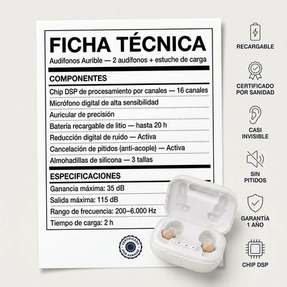 Audífonos Aurible® — Con chip DSP de procesamiento y certificación CE
